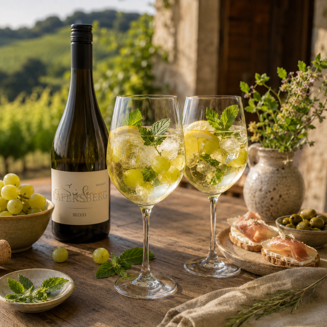 Secco-Spritz mit Trauben, Zitrone und Minze