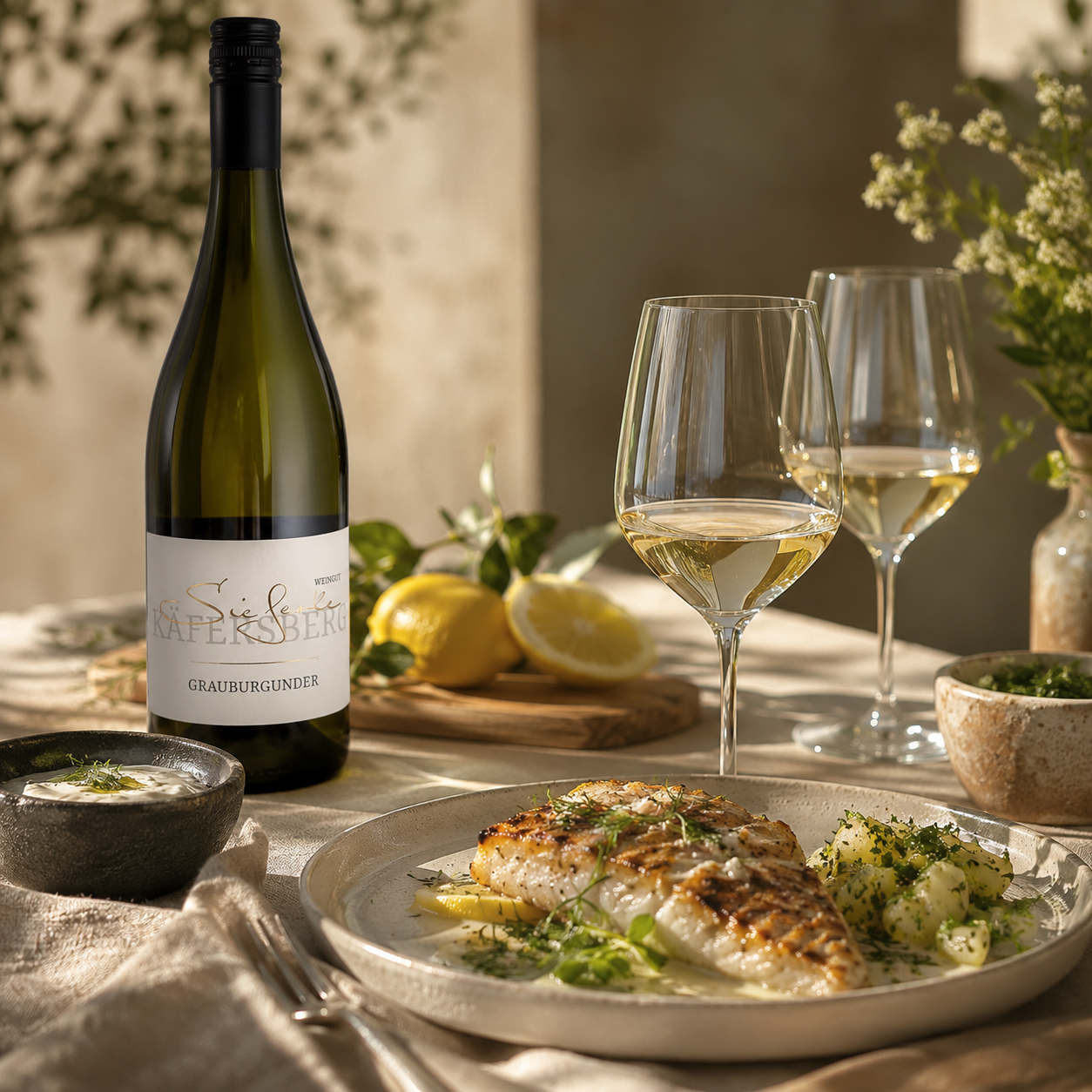 Weingut Sieferle Grauburgunder als eleganter Weißwein auf warm gedecktem Tisch mit Weißweingläsern, gegrilltem Fisch, Kartoffeln, Kräutern und Zitrone im natürlichen Tageslicht.