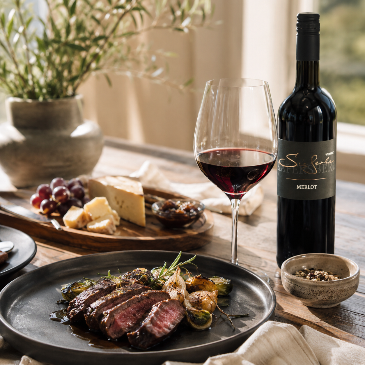 Weingut Sieferle Merlot als edler Rotwein auf warm gedecktem Tisch mit Rotweinglas, geschnittenem Steak, gerösteten Kartoffeln, Brot und Kräutern im natürlichen Tageslicht.