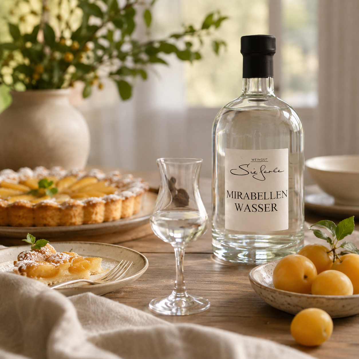 Weingut Sieferle Mirabellenwasser als edler Digestif auf warm gedecktem Holztisch mit Schnapsglas, Mirabellen, Obsttarte und natürlichen Materialien im Tageslicht.