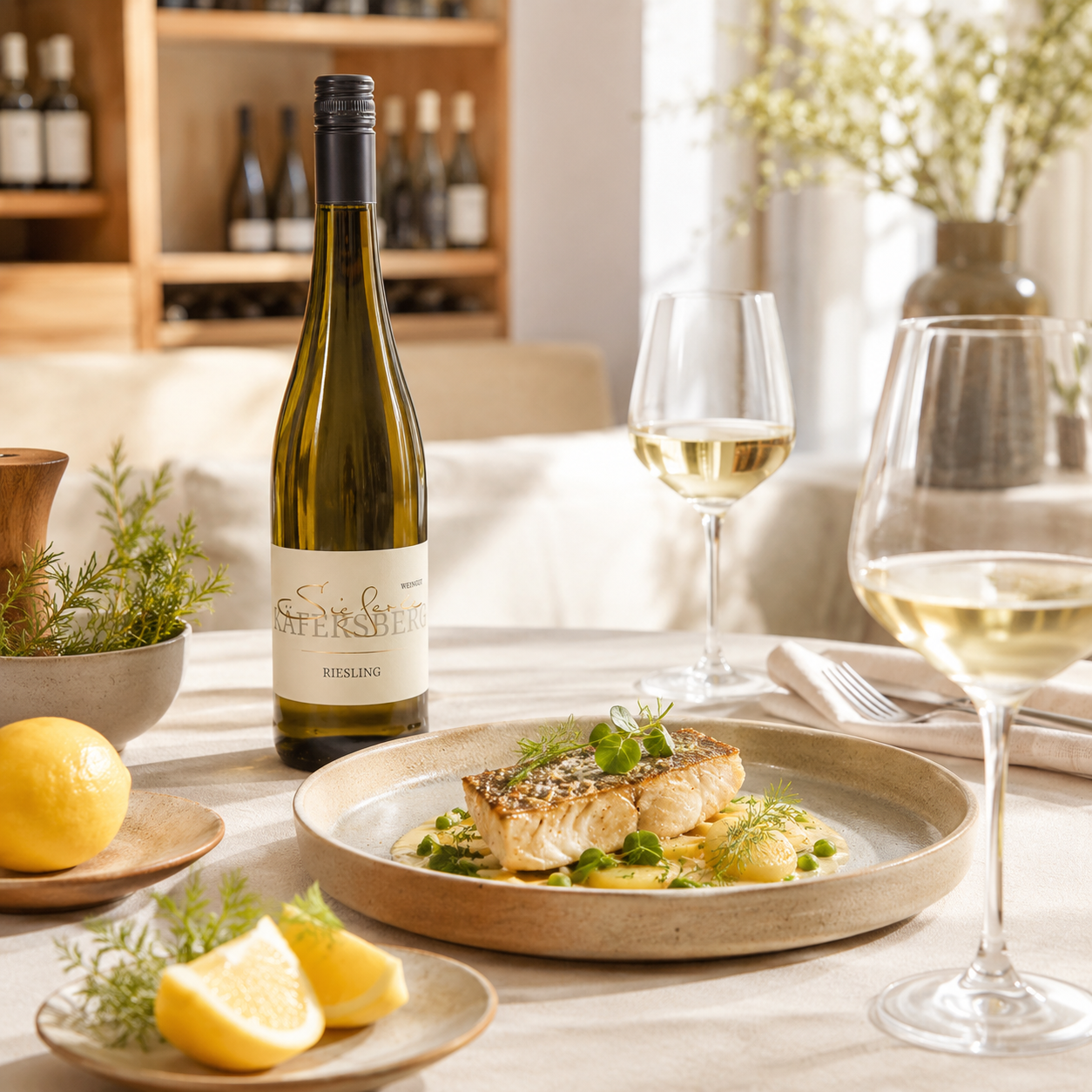 Weingut Sieferle Riesling als eleganter Weißwein auf hell gedecktem Tisch mit Weißweingläsern, feinem Fischgericht, Zitrone, Kräutern und natürlichem Tageslicht.