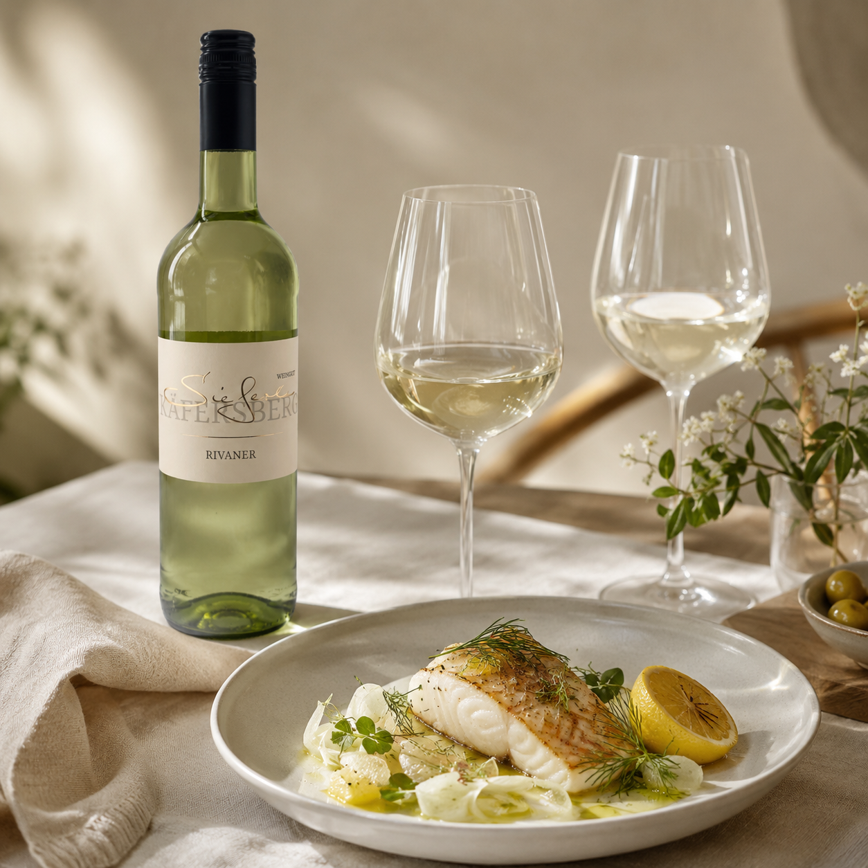Weingut Sieferle Rivaner als eleganter Weißwein auf hell gedecktem Tisch mit Weißweingläsern, feinem Fischgericht, Kräutern, Zitrone und natürlichen Materialien im warmen Tageslicht.