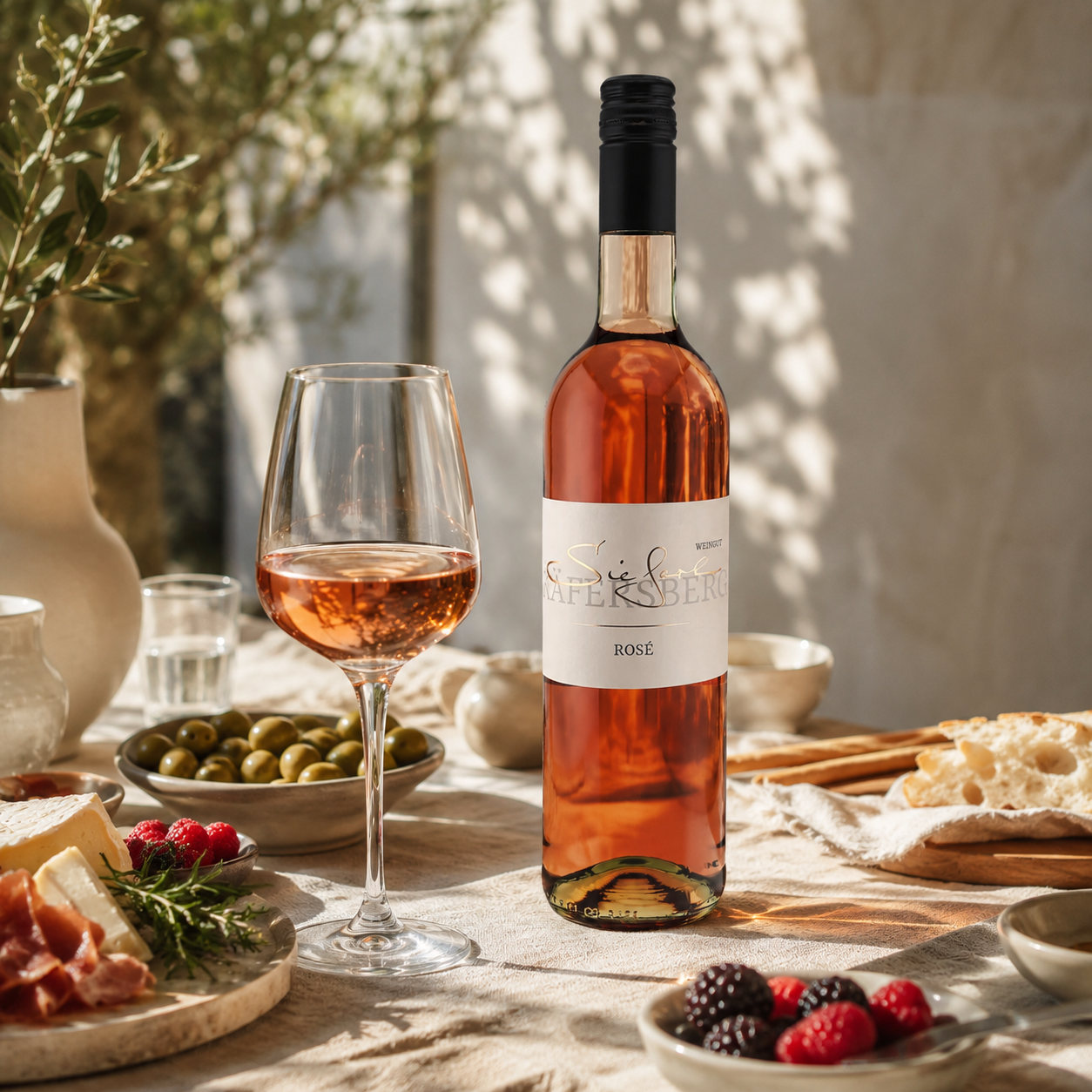 Weingut Sieferle Rosé als sommerlicher Aperitif auf sonnig gedecktem Tisch mit Roséglas, Oliven, Käse, Brot, Beeren und hellen Naturmaterialien im warmen Tageslicht.