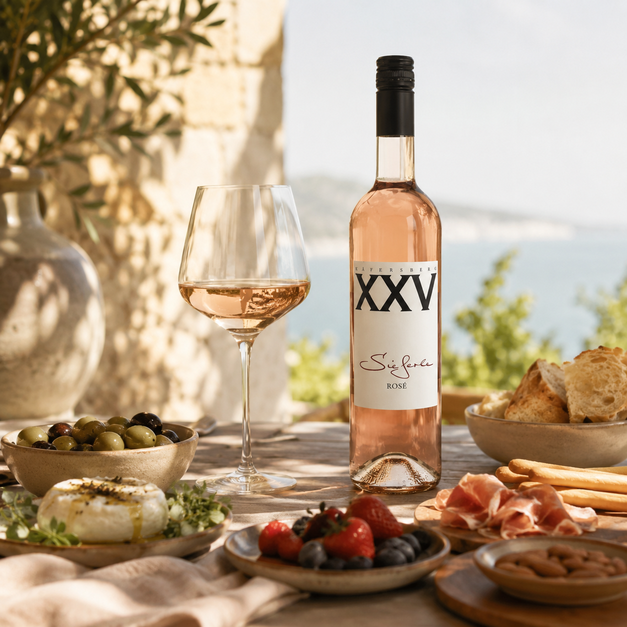 Weingut Sieferle XXV Rosé als mediterraner Sommer-Aperitif auf sonnig gedecktem Tisch mit Roséglas, Oliven, Käse, Beeren, Brot und feinen Snacks im warmen Tageslicht.