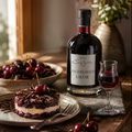 Weingut Sieferle Sauerkirsch Likör als edler Digestif auf rustikal gedecktem Tisch mit Kirsch-Schoko-Dessert, frischen Kirschen und kleinem Likörglas im warmen Tageslicht.