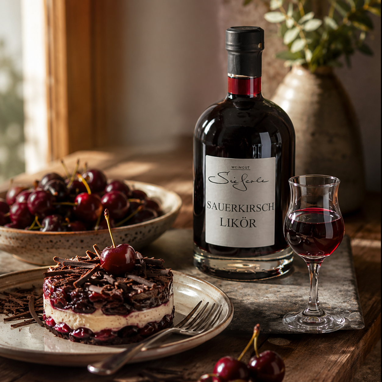 Weingut Sieferle Sauerkirsch Likör als edler Digestif auf rustikal gedecktem Tisch mit Kirsch-Schoko-Dessert, frischen Kirschen und kleinem Likörglas im warmen Tageslicht.