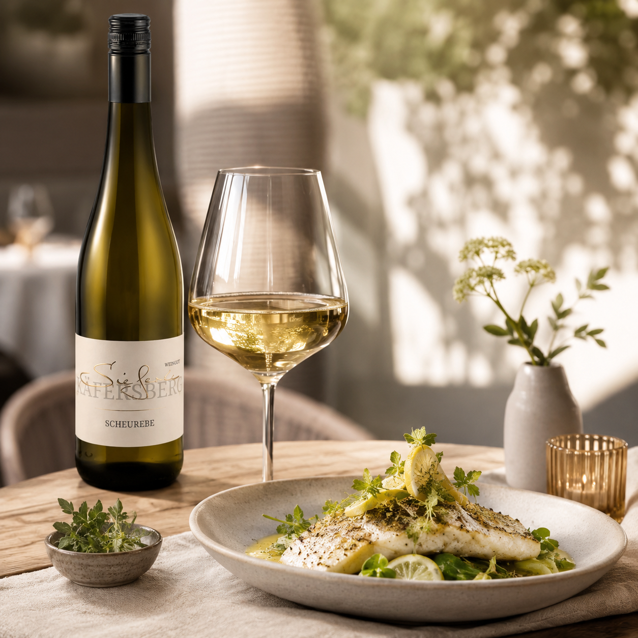 Weingut Sieferle Scheurebe als eleganter Weißwein auf warm gedecktem Tisch mit Weißweinglas, feinem Fischgericht, Zitrusnoten, frischen Kräutern und natürlichem Tageslicht.