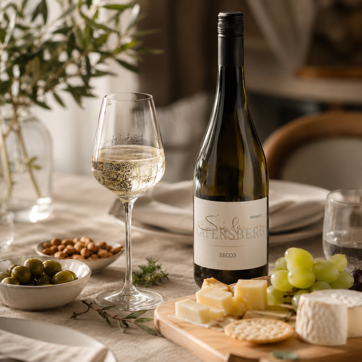 Weingut Sieferle Secco als eleganter Aperitif auf warm gedecktem Tisch mit Perlweinglas, Käse, Trauben, Oliven, Nüssen und natürlichen Materialien im Tageslicht.