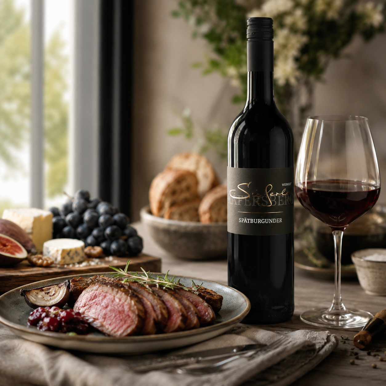 Weingut Sieferle Spätburgunder als edler Rotwein auf rustikal gedecktem Tisch mit Rotweinglas, geschnittenem Fleisch, Käse, Trauben, Feigen, Brot und Naturmaterialien im warmen Tageslicht.