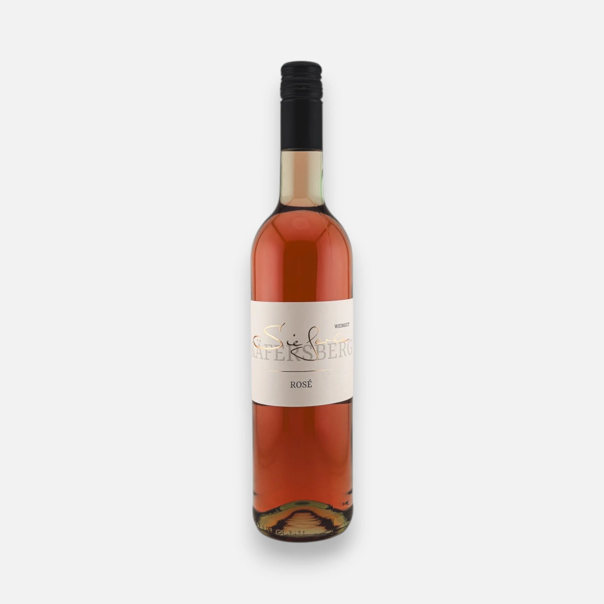 Weingut Sieferle Rosé in schlanker Glasflasche mit roséfarbenem Wein, schwarzem Schraubverschluss und hellem Etikett vor neutralem Hintergrund.