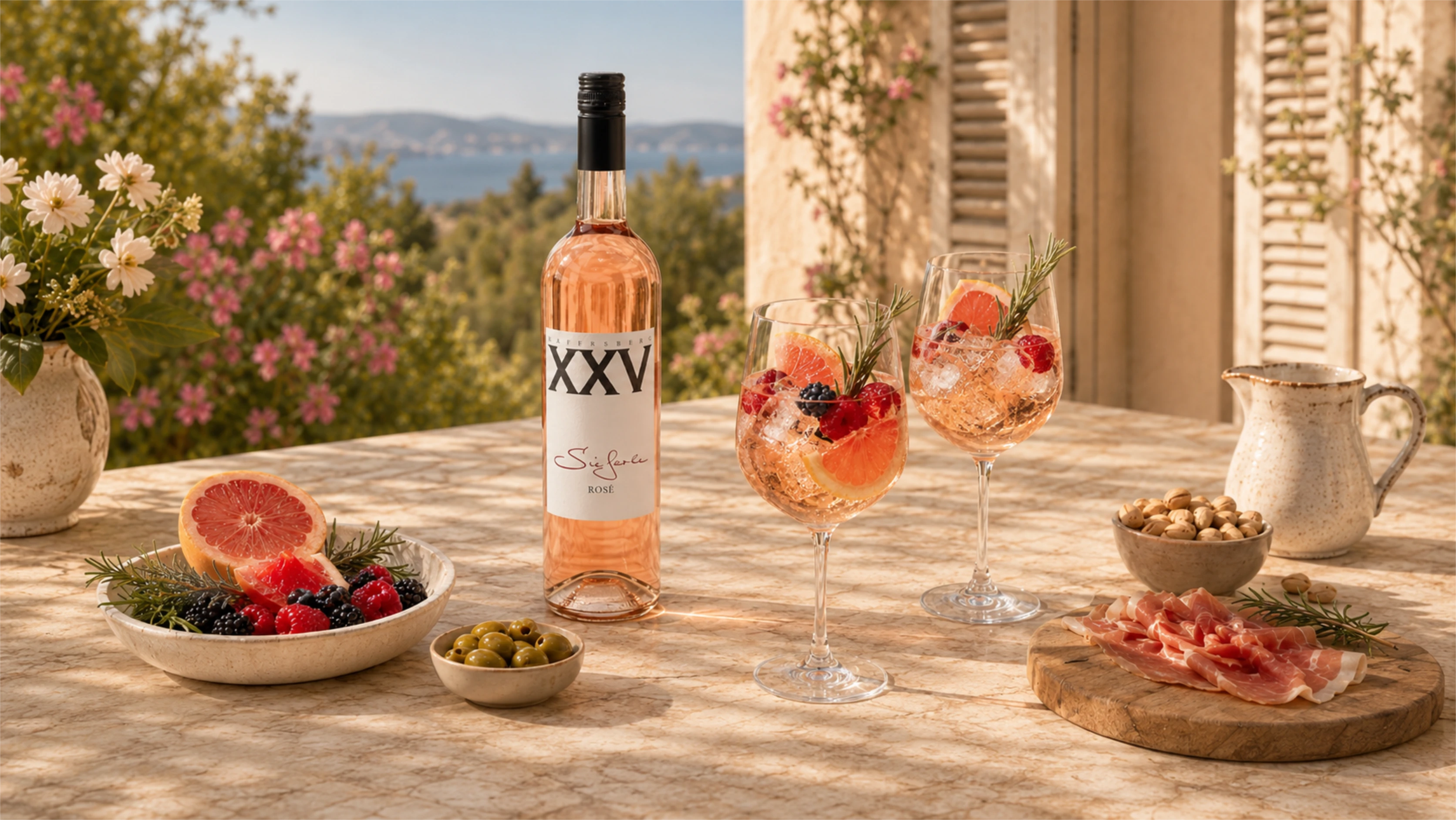 Roséwein XXV von Weingut Sieferle mit sommerlichem Aperitif, Grapefruit, Beeren und Rosmarin auf sonniger Terrasse.