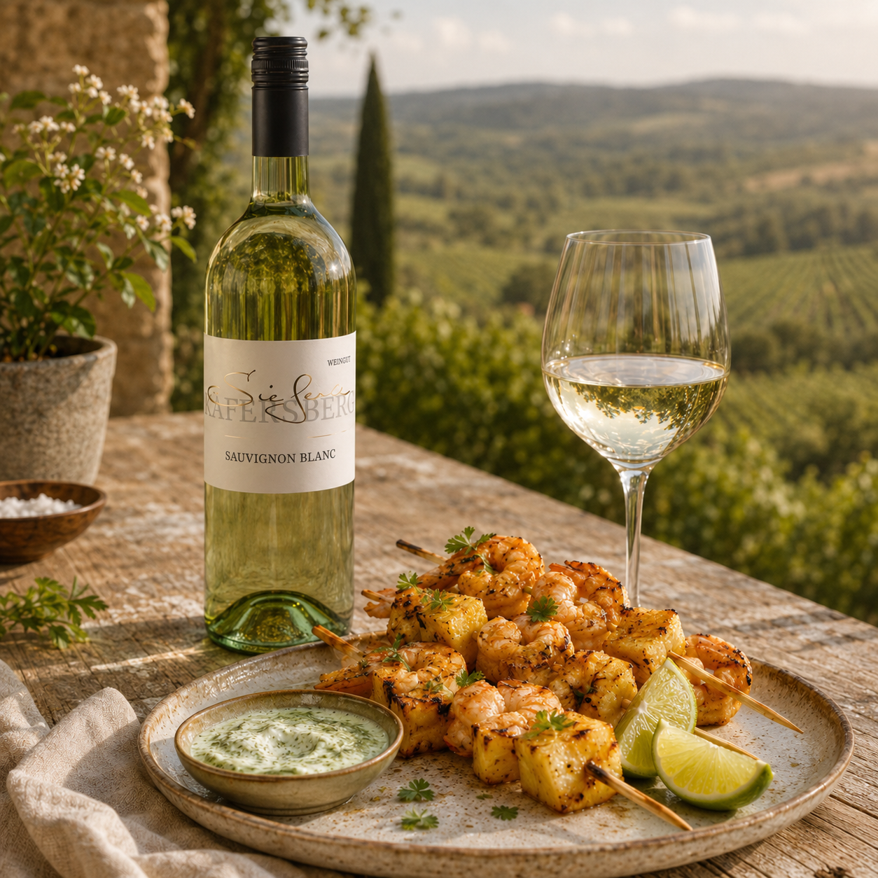 Gegrillte Ananas-Garnelen-Spieße mit Kräuter-Limetten-Dip neben Sauvignon Blanc BIO-Qualität von Genusswelt Sieferle