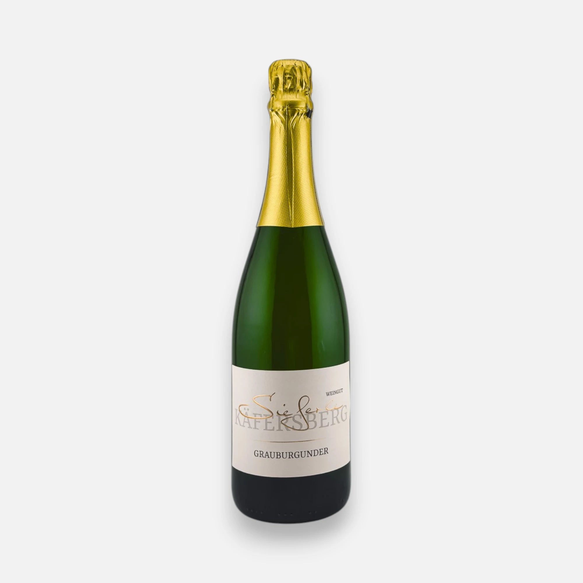 Weingut Sieferle Grauburgunder Winzersekt in grüner Sektflasche mit goldener Folienkapsel und hellem Etikett vor neutralem Hintergrund.