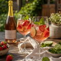 Rosé-Sekt-Spritz mit Erdbeeren, Limette und Minze neben Winzersekt Rosé BIO-Qualität von Genusswelt Sieferle