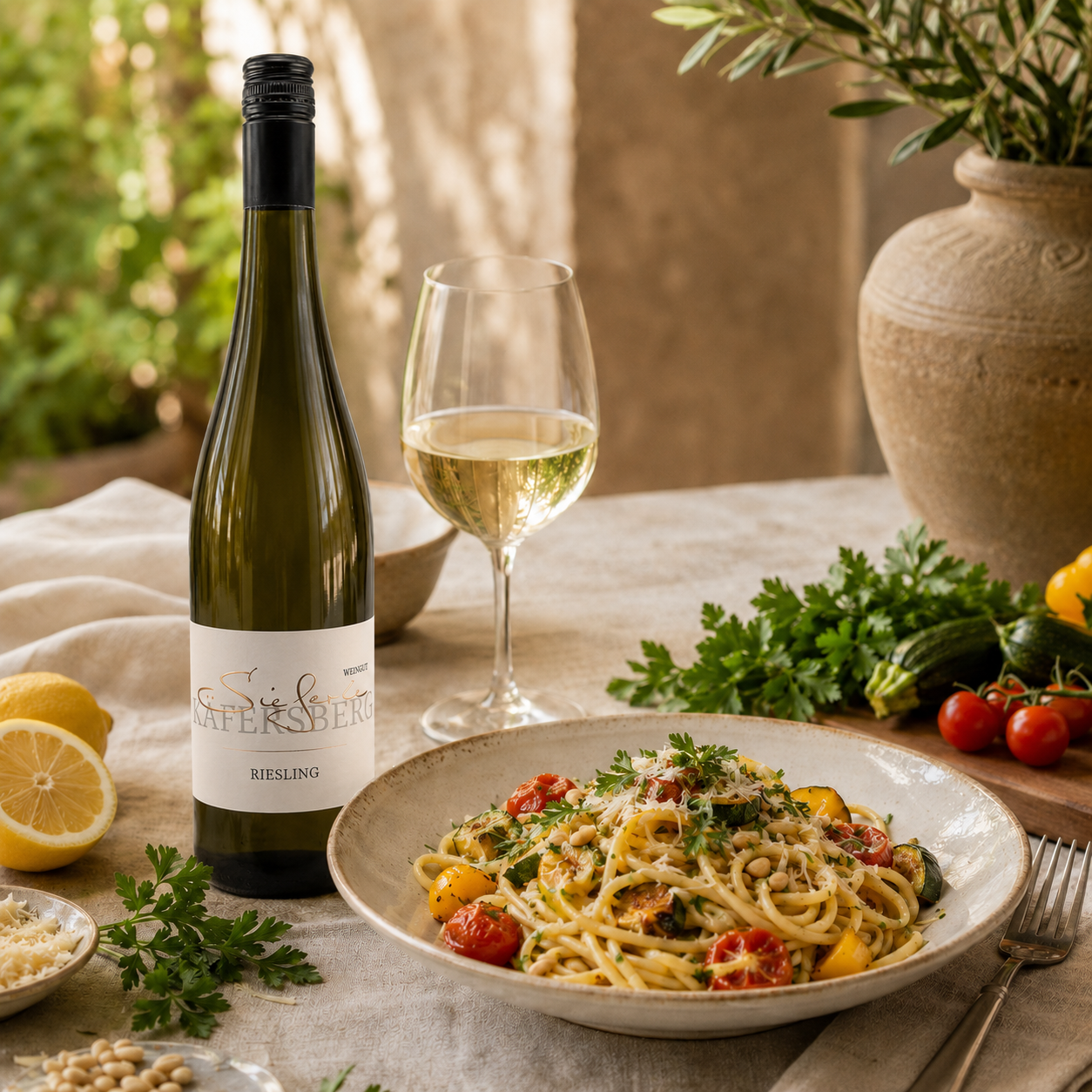 Riesling-Pasta mit Zitrone, Ofengemüse und Kräutern neben Weißwein Riesling BIO-Qualität von Genusswelt Sieferle
