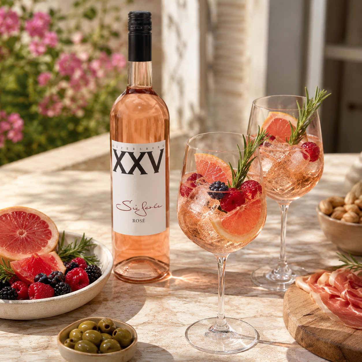 Rosé-Aperitif mit Grapefruit, Beeren und Rosmarin neben Rosé XXV Provence BIO-Qualität von Genusswelt Sieferle