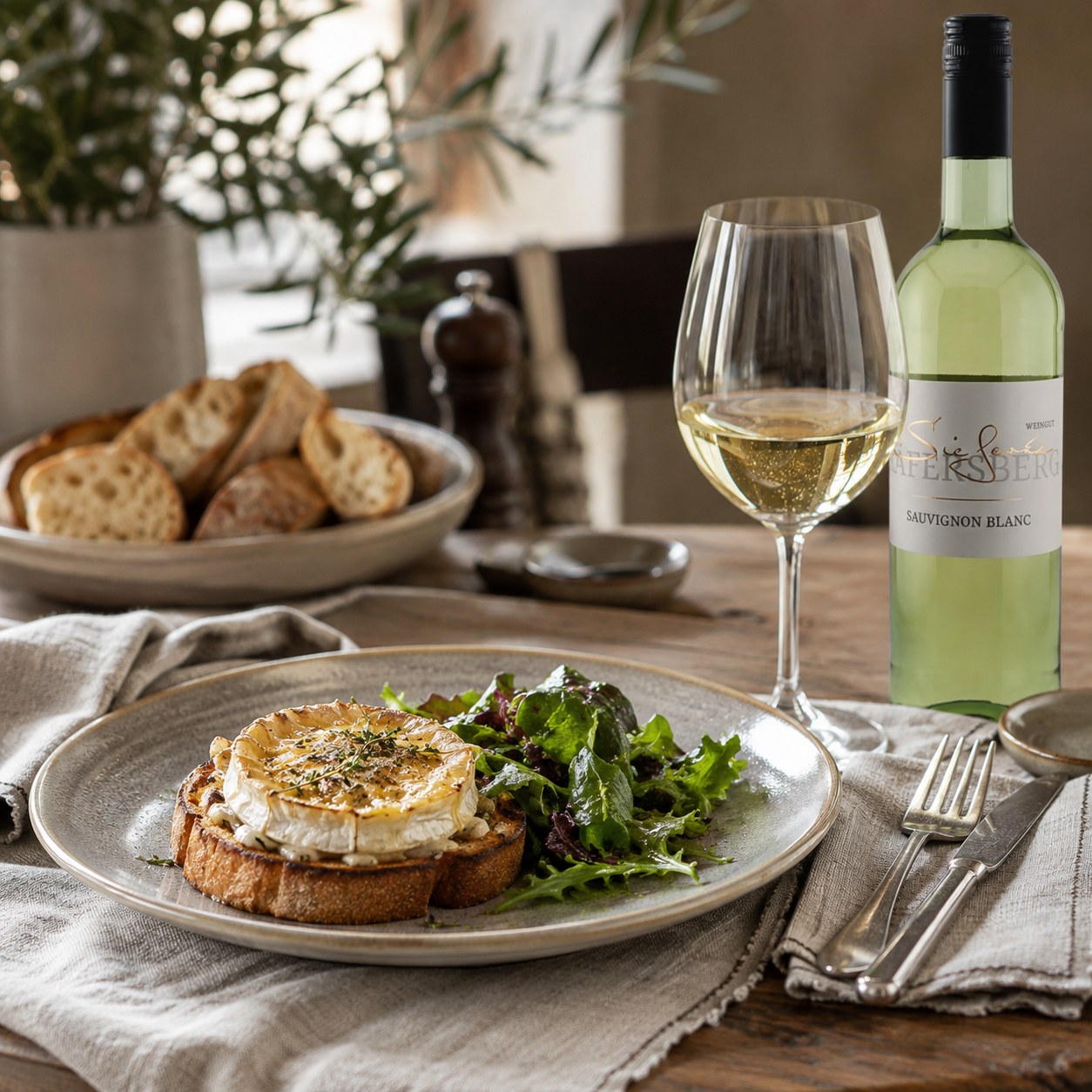Weingut Sieferle Sauvignon Blanc als eleganter Weißwein auf rustikal gedecktem Tisch mit Weißweinglas, französischem Ziegenkäse-Toast, Blattsalat, Brot und natürlichen Materialien im warmen Tageslicht.