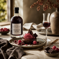 Weingut Sieferle Himbeer Likör als edler Digestif auf elegant gedecktem Tisch mit Himbeerdessert, dunkler Schokolade, frischen Himbeeren und Likörglas im warmen Tageslicht.