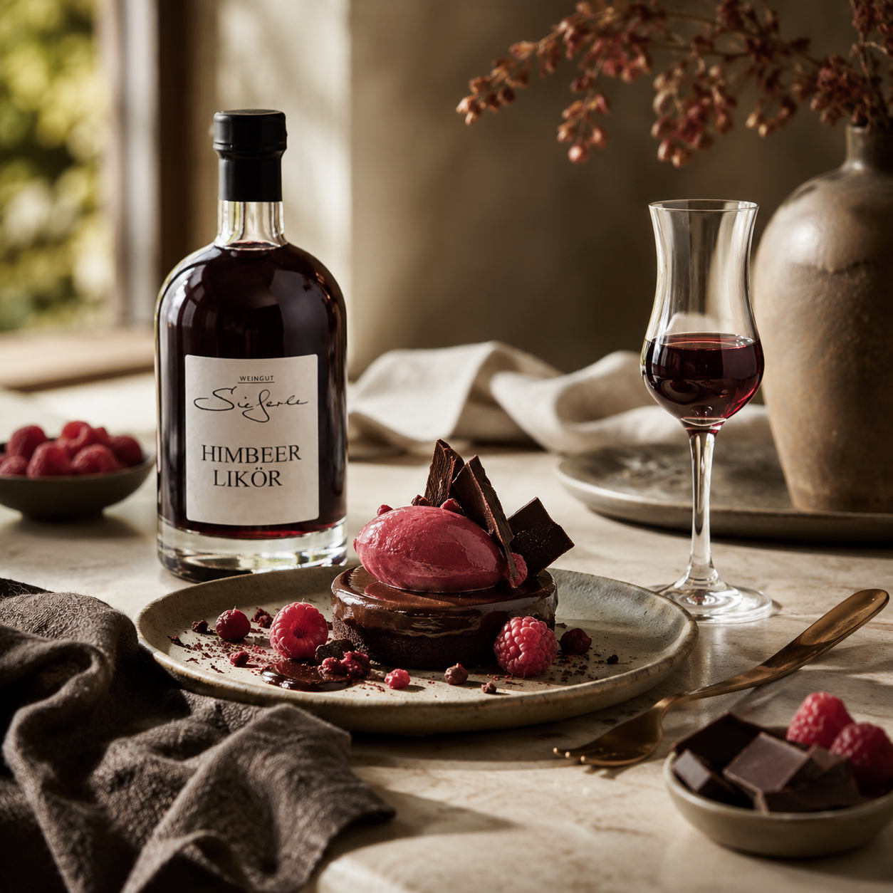 Weingut Sieferle Himbeer Likör als edler Digestif auf elegant gedecktem Tisch mit Himbeerdessert, dunkler Schokolade, frischen Himbeeren und Likörglas im warmen Tageslicht.