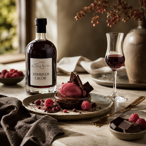 Weingut Sieferle Himbeer Likör als edler Digestif auf elegant gedecktem Tisch mit Himbeerdessert, dunkler Schokolade, frischen Himbeeren und Likörglas im warmen Tageslicht.