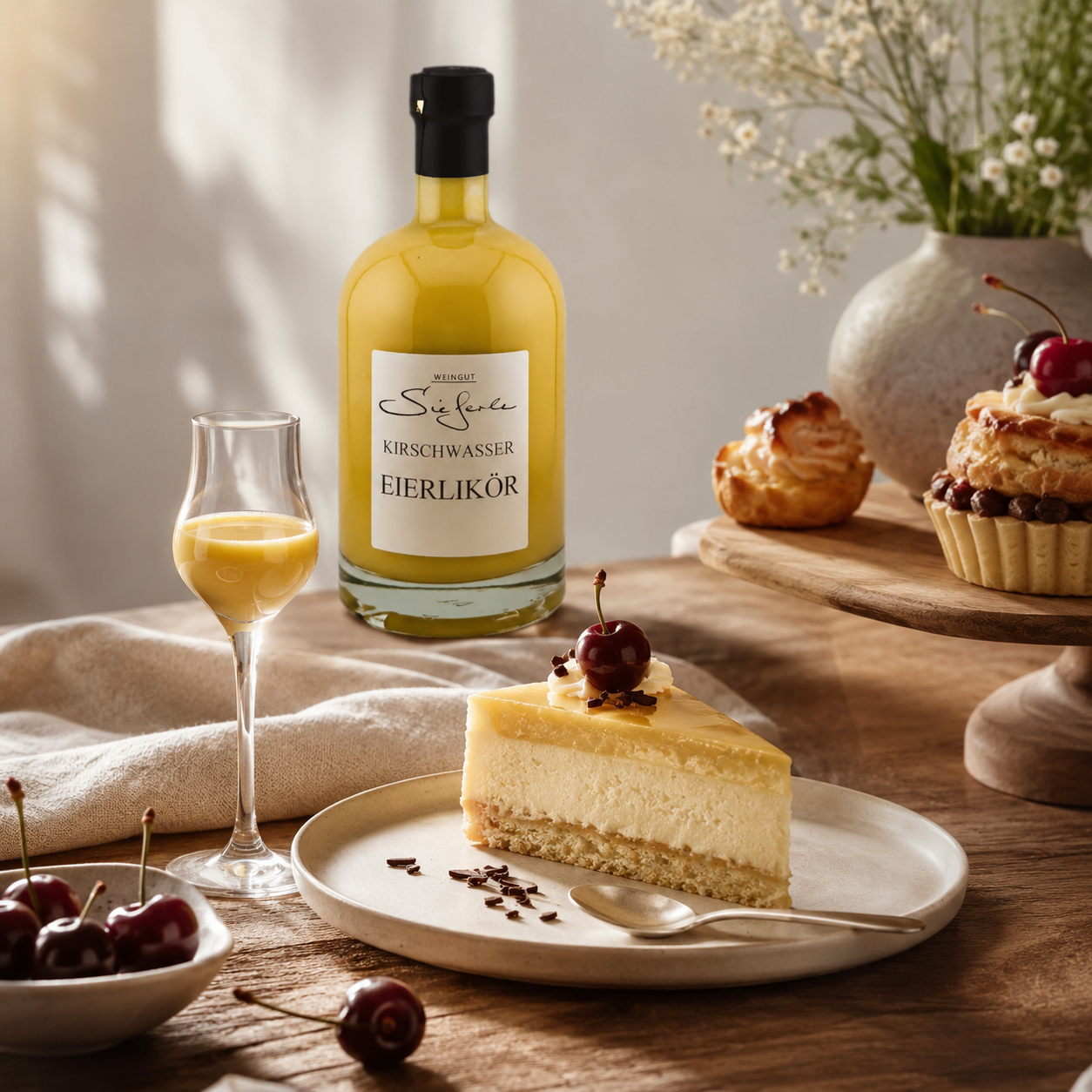 Weingut Sieferle Kirschwasser Eierlikör als edles Dessertgetränk auf warm gedecktem Holztisch mit Likörglas, Kuchenstück, Kirschen und feinem Gebäck im natürlichen Tageslicht.