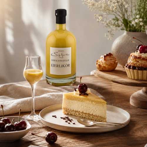 Weingut Sieferle Kirschwasser Eierlikör als edles Dessertgetränk auf warm gedecktem Holztisch mit Likörglas, Kuchenstück, Kirschen und feinem Gebäck im natürlichen Tageslicht.
