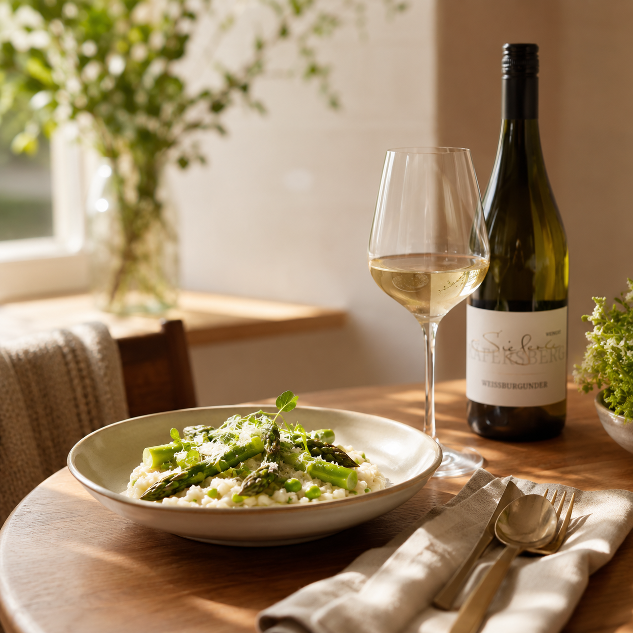 Weingut Sieferle Weißburgunder als eleganter Weißwein auf warm gedecktem Holztisch mit Weißweinglas, cremigem Spargelrisotto, frischen Kräutern und natürlichen Materialien im Tageslicht.