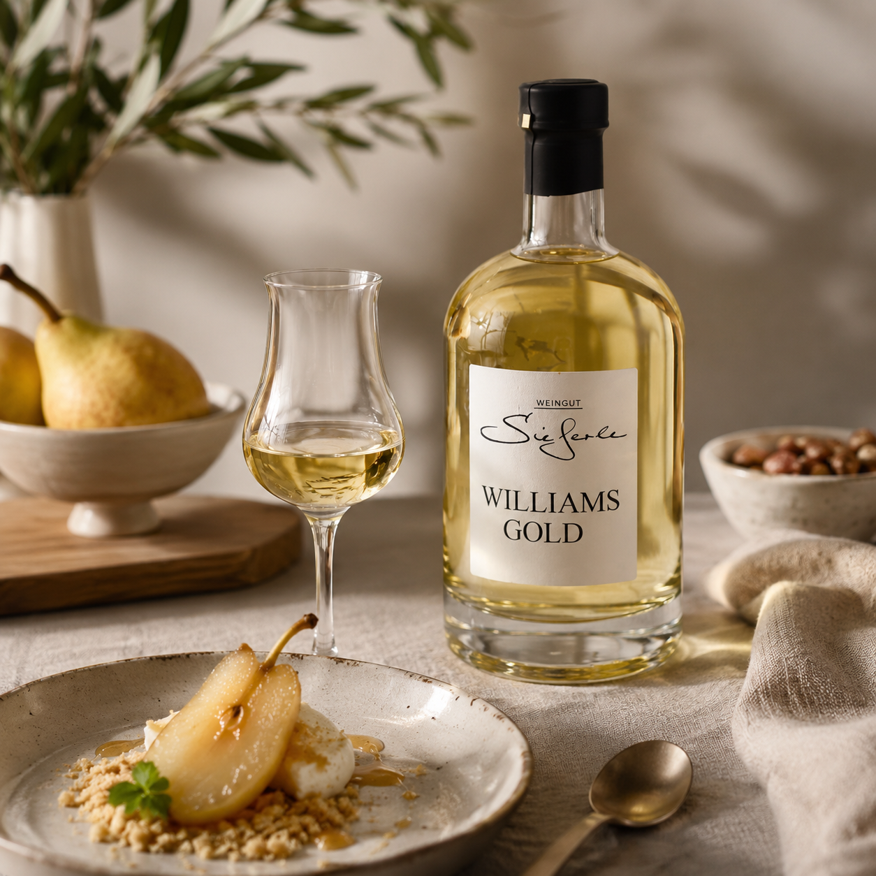 Weingut Sieferle Williams Gold als edler Digestif auf warm gedecktem Tisch mit Spirituosenglas, Birnendessert, frischen Birnen und natürlichen Materialien im Tageslicht.