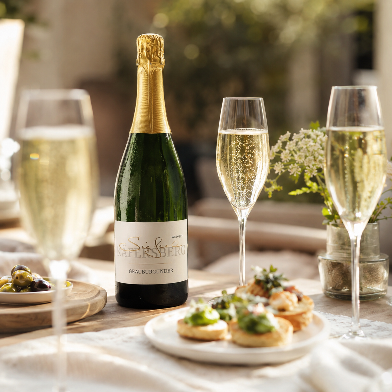 Weingut Sieferle Grauburgunder Winzersekt als festlicher Aperitif auf elegant gedecktem Tisch mit Sektgläsern, feinen Häppchen, Oliven und dezenter Blumendekoration im warmen Tageslicht.