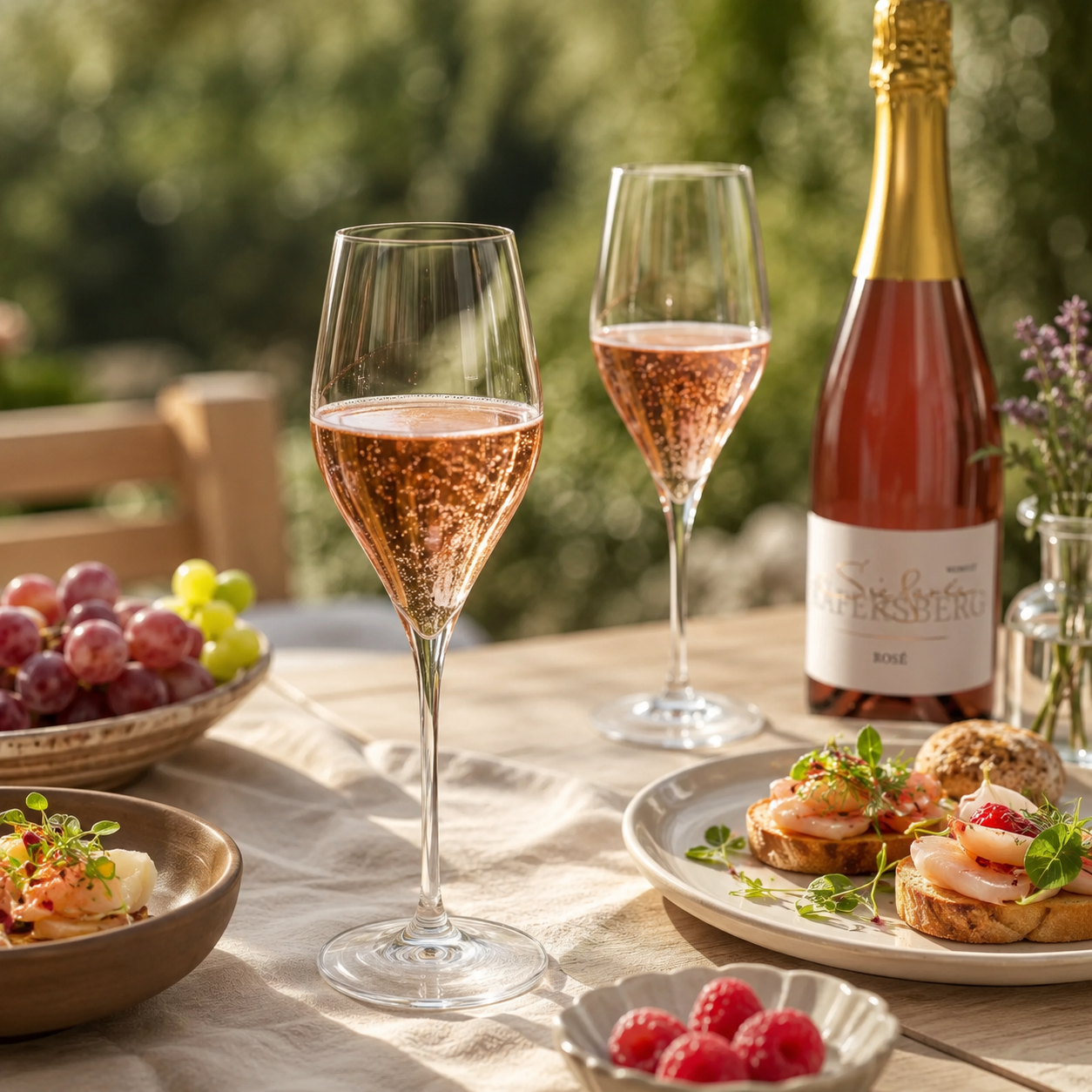 Weingut Sieferle Rosé Winzersekt als festlicher Sommer-Aperitif auf sonnig gedecktem Tisch mit prickelnden Rosé-Sektgläsern, Trauben, Himbeeren, feinen Häppchen und dezenter Blumendekoration.