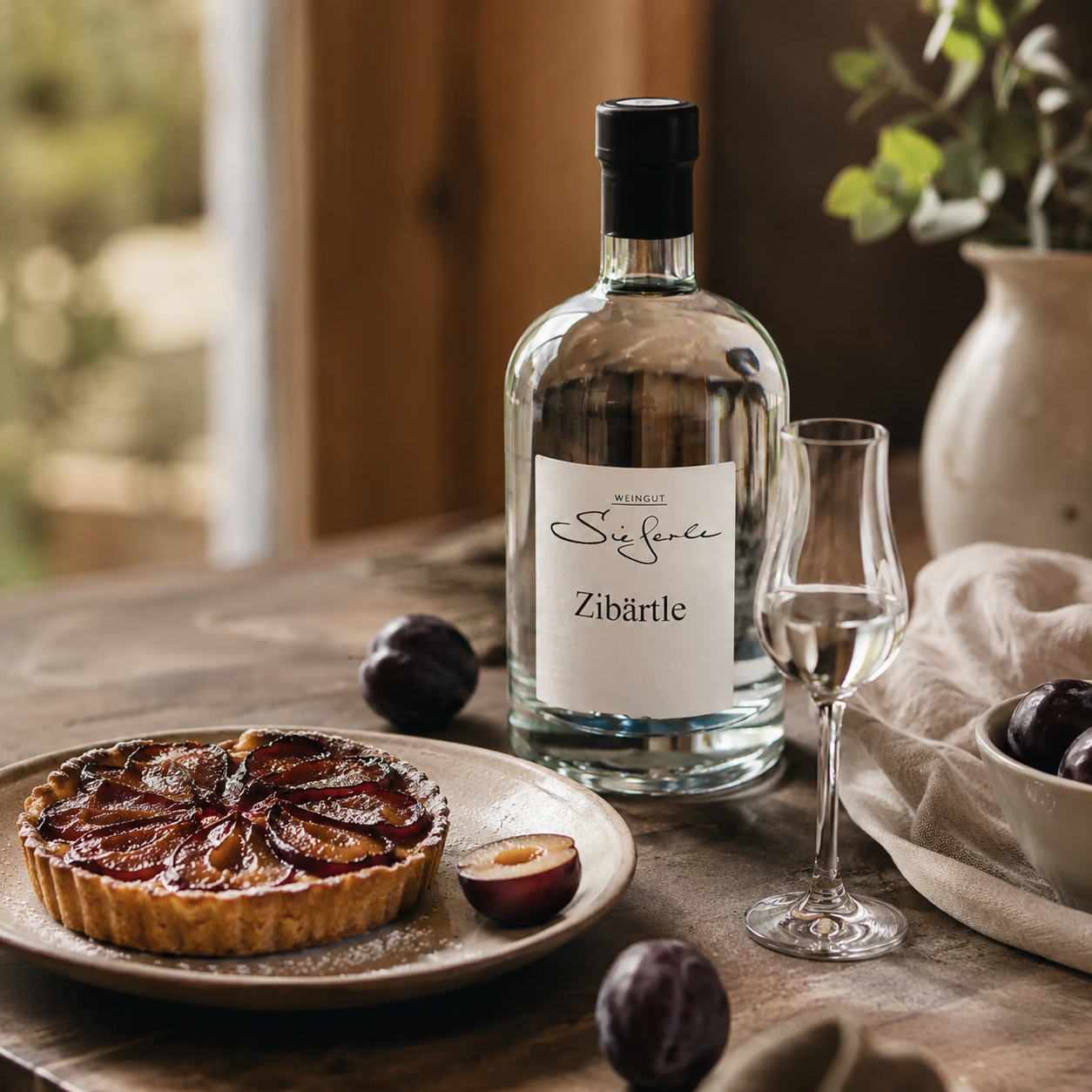 Weingut Sieferle Zibärtle als edler Obstbrand auf warm gedecktem Tisch mit Schnapsglas, Pflaumentarte, dunklen Pflaumen und natürlichen Materialien im Tageslicht.