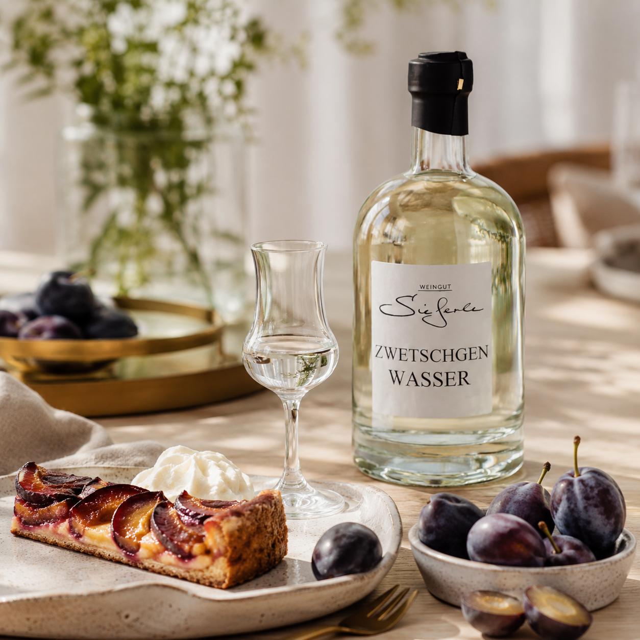 Weingut Sieferle Zwetschgenwasser als edler Digestif auf warm gedecktem Tisch mit Schnapsglas, Zwetschgentarte, frischen Zwetschgen und natürlichen Materialien im Tageslicht.